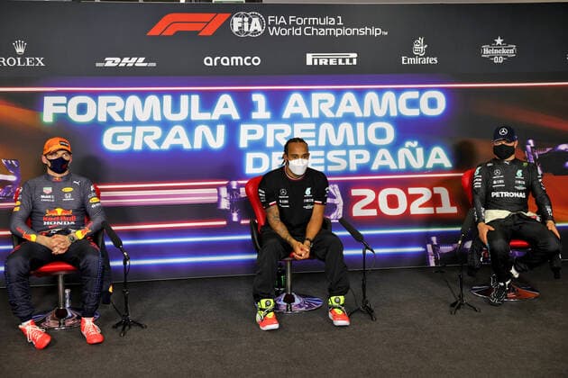 F1 Grand Prix of Spain 33 Max Verstappen (NED, Red Bull Racing), 44 Lewis Hamilton (GBR, Mercedes-AMG Petronas F1 Team), 77 Valtteri Bottas (FIN, Mercedes-AMG Petronas F1 Team), F1 Grand Prix of Spain at Circuit de Barcelona-Catalunya on May 8, 2021 in Barcelona, Spain. (Photo by xpbimages.com XPB Images FIA Pool via HOCH ZWEI) Barcelona Spain Poolfoto HOCH ZWEI Pool XPB Images ,EDITORIAL USE ONLY
