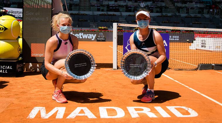 May 8, 2021, MADRID, MADRID, SPAIN: Katerina Siniakova & Barbora Krejcikova of the Czech Republic with their campions trophies after winning the doubles final of the 2021 Mutua Madrid Open WTA, Tennis Damen 1000 tournament MADRID SPAIN - ZUMAa181 20210508_zaa_a181_155 Copyright: xRobxPrangex