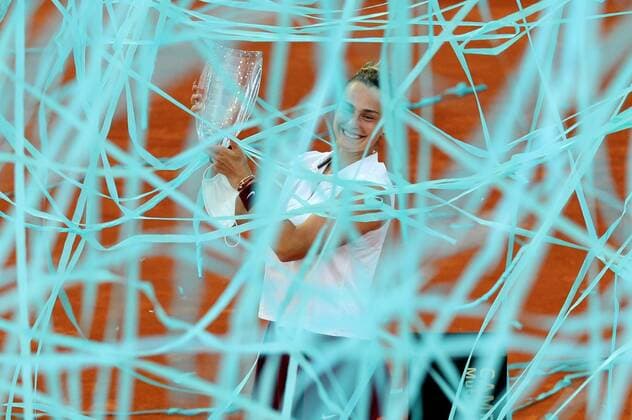 Aryna Sabalenka of Belarus celebrates after defeating Ashleigh Barty of Australia in their final match at the Mutua Madrid Open tennis ?tournament in Madrid, central Spain, 08 May 2021. Aryna Sabalenka - Ashleigh Barty !ACHTUNG: NUR REDAKTIONELLE NUTZUNG!  Copyright: xRodrigoxJimenezx GRAF2674 20210508-637561034899993224