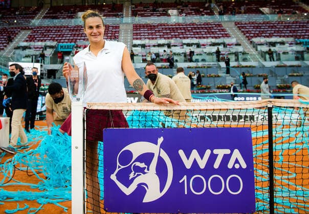 May 8, 2021, MADRID, MADRID, SPAIN: Aryna Sabalenka of Belarus with the champions trophy after winning the final of the 2021 Mutua Madrid Open WTA, Tennis Damen 1000 tournament against Ashleigh Barty of Australia MADRID SPAIN - ZUMAa181 20210508_zaa_a181_338 Copyright: xRobxPrangex