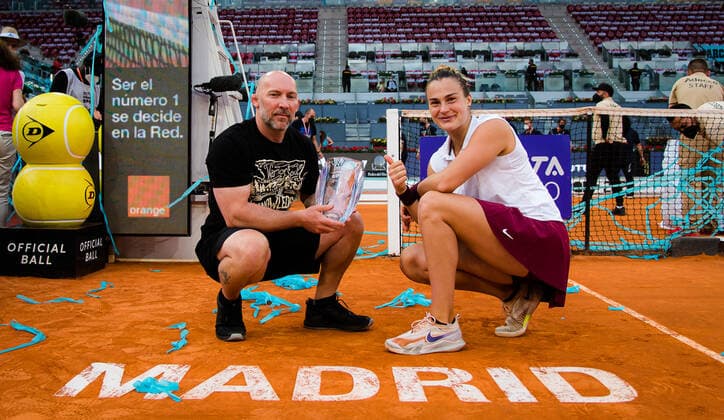 May 8, 2021, MADRID, MADRID, SPAIN: Aryna Sabalenka of Belarus with fitness coach Jason Stacy after winning the final of the 2021 Mutua Madrid Open WTA, Tennis Damen 1000 tournament against Ashleigh Barty of Australia MADRID SPAIN - ZUMAa181 20210508_zaa_a181_343 Copyright: xRobxPrangex