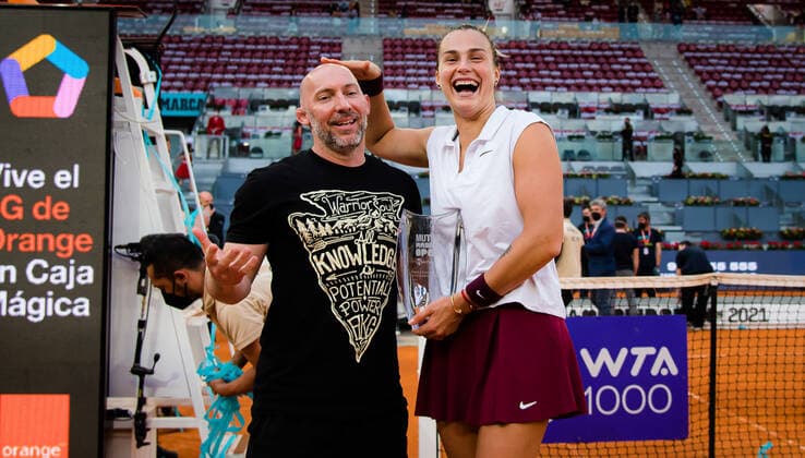 May 8, 2021, MADRID, MADRID, SPAIN: Aryna Sabalenka of Belarus with fitness coach Jason Stacy after winning the final of the 2021 Mutua Madrid Open WTA, Tennis Damen 1000 tournament against Ashleigh Barty of Australia MADRID SPAIN - ZUMAa181 20210508_zaa_a181_345 Copyright: xRobxPrangex