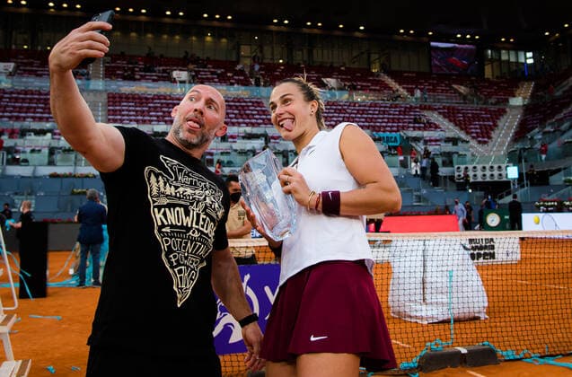 May 8, 2021, MADRID, MADRID, SPAIN: Aryna Sabalenka of Belarus with fitness coach Jason Stacy after winning the final of the 2021 Mutua Madrid Open WTA, Tennis Damen 1000 tournament against Ashleigh Barty of Australia MADRID SPAIN - ZUMAa181 20210508_zaa_a181_346 Copyright: xRobxPrangex