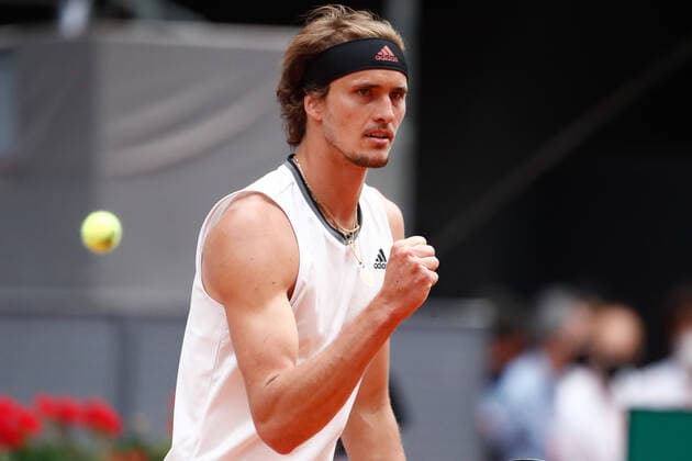 May 8, 2021, MADRID, MADRID, SPAIN: Alexander Zverev of Germany in action during his Men s Singles match, Semifinals, against Dominic Thiem of Austria on the ATP, Tennis Herren Masters 1000 - Mutua Madrid Open 2021 at La Caja Magica on May 8, 2021 in Madrid, Spain. MADRID SPAIN - ZUMAa181 20210508_zaa_a181_374 Copyright: xOscarxJ.xBarrosox