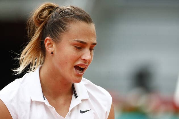 May 8, 2021, MADRID, MADRID, SPAIN: Aryna Sabalenka of Belarus in action during her Women s Singles match, Finals, against Ashleigh Barty of Australia on the WTA, Tennis Damen 1000 - Mutua Madrid Open 2021 at La Caja Magica on May 8, 2021 in Madrid, Spain. MADRID SPAIN - ZUMAa181 20210508_zaa_a181_398 Copyright: xOscarxJ.xBarrosox