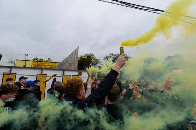 Cambridge United Fans Celebrate Promotion Cambridge United fans celebrating their promotion to league One outside the R Costings Abbey Stadium, Cambridge on Saturday 8th May 2021. Cambridge Cambridgeshire United Kingdom fletcher-cambridg210508_npVb4  Copyright: xMIxNewsx