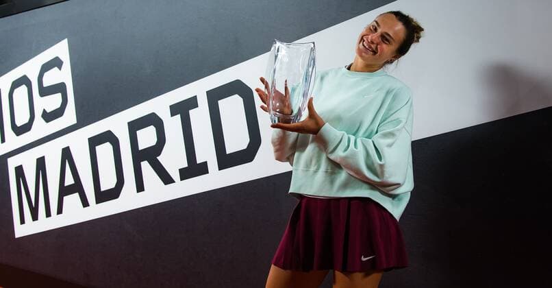 Mandatory Credit: Photo by Rob Prange Shutterstock (11888299co) Aryna Sabalenka of Belarus with her trophy after winning the final of the 2021 Mutua Madrid Open WTA, Tennis Damen 1000 tournament Mutua Madrid Open, Tennis, La Caja Magica, Madrid, Spain - 08 May 2021 Mutua Madrid Open, Tennis, La Caja Magica, Madrid, Spain - 08 May 2021  Copyright: xRobxPrange Shutterstockx 11888299co