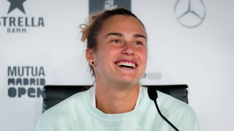 Mandatory Credit: Photo by Rob Prange Shutterstock (11888299ch) Aryna Sabalenka of Belarus talks to the media after winning the final of the 2021 Mutua Madrid Open WTA, Tennis Damen 1000 tournament Mutua Madrid Open, Tennis, La Caja Magica, Madrid, Spain - 08 May 2021 Mutua Madrid Open, Tennis, La Caja Magica, Madrid, Spain - 08 May 2021  Copyright: xRobxPrange Shutterstockx 11888299ch