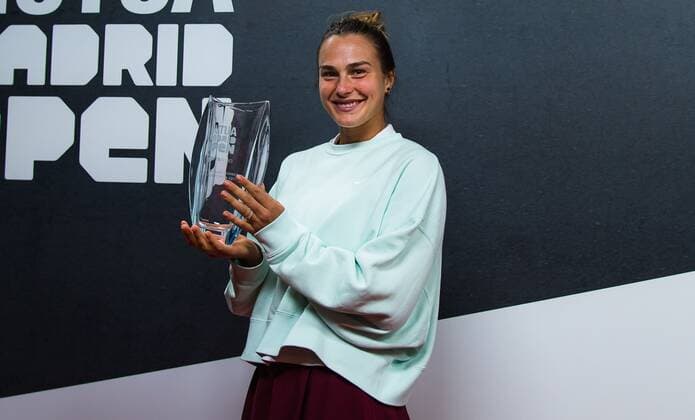 Mandatory Credit: Photo by Rob Prange Shutterstock (11888299cj) Aryna Sabalenka of Belarus with her trophy after winning the final of the 2021 Mutua Madrid Open WTA, Tennis Damen 1000 tournament Mutua Madrid Open, Tennis, La Caja Magica, Madrid, Spain - 08 May 2021 Mutua Madrid Open, Tennis, La Caja Magica, Madrid, Spain - 08 May 2021  Copyright: xRobxPrange Shutterstockx 11888299cj