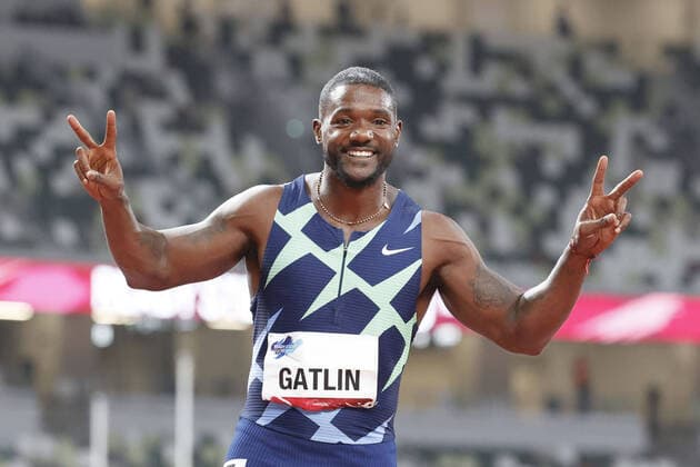 Bilder des Jahres 2021, Sport 05 Mai Sport Themen der Woche KW18 Sport Bilder des Tages Athletics: Olympic test event Justin Gatlin of the United States celebrates after winning the men s 100-meter final in an Olympic test event for athletics at National Stadium in Tokyo on May 9, 2021. 