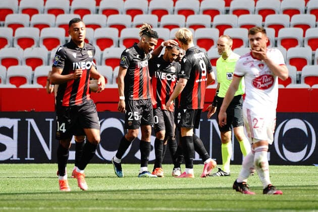 Joie - Hassane Kamara (OGC Nice) - Jean Clair Todibo (OGC Nice) - Alexis Claude Maurice (OGC Nice) - Jean Clair Todibo (OGC Nice) - Kasper Dolberg (OGC Nice) FOOTBALL : OGC Nice vs Brest - Ligue 1 Uber Eats - Nice - 09 05 2021 NorbertScanella PanoramiC 