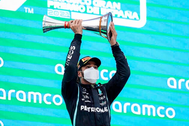 May 9, 2021, Montmelo, Spain: LEWIS HAMILTON of Great Britain and Mercedes-AMG F1 Team on the podium after winning the 2021 FIA Formula 1 Spanish Grand Prix at Circuit de Barcelona-Catalunya in Montmelo, Spain. Montmelo Spain - ZUMAg147 20210509_zap_g147_007 Copyright: xJamesxGasperottix