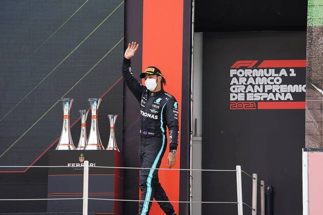 F1 Aramco Grand Prix von Spanien 2021 09.05.2021, Circuit de Catalunya, Barcelona, F1 Aramco Grand Prix von Spanien 2021 , im Bild Podium: Sieger Lewis Hamilton (GBR 44), Mercedes-AMG Petronas Formula One Team
