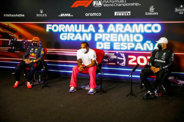 F1 Grand Prix of Spain 33 Max Verstappen (NED, Red Bull Racing), 44 Lewis Hamilton (GBR, Mercedes-AMG Petronas F1 Team), 77 Valtteri Bottas (FIN, Mercedes-AMG Petronas F1 Team), F1 Grand Prix of Spain at Circuit de Barcelona-Catalunya on May 9, 2021 in Barcelona, Spain. (Photo by Xavi Bonilla DPPI FIA Pool via HOCH ZWEI) Barcelona Spain Poolfoto HOCH ZWEI Pool Xavi Bonilla DP ,EDITORIAL USE ONLY