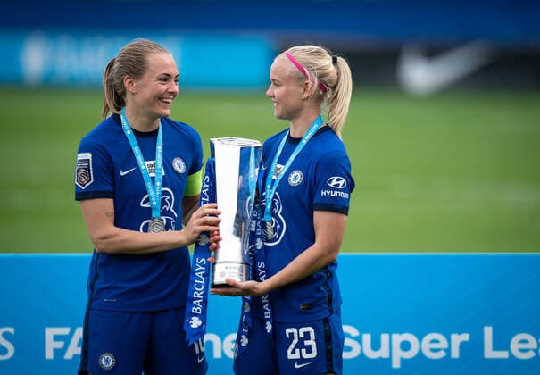 Magdalena Eriksson & Pernille Harder of Chelsea Women pose with the winning trophy after the team are crowned 2020 21 FAWSL champions during the FAWSL match between Chelsea Women and Reading Women at the Kingsmeadow Stadium, Kingston, England on 9 May 2021. Copyright: xAndyxRowlandx PMI-4206-0002