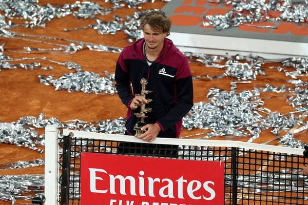Alexander Zverev of Germany poses with the trophy after winning against Matteo Berrettini of Italy during the men s final at the Mutua Madrid Open tennis tou?rnament in Madrid, Spain, 09 May 2021. Mutua Madrid Open tennis tou?rnament !ACHTUNG: NUR REDAKTIONELLE NUTZUNG!  Copyright: xRodrigoxJimenezx GRAF3638 20210509-637561947911384215