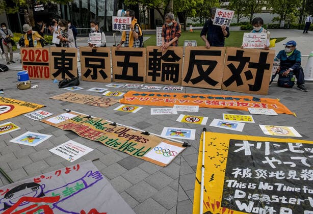 May 9, 2021, Tokyo, Japan: Banners and placards left in front of the New National Stadium, the main stadium for the Tokyo Olympics in a demonstration against the Tokyo Olympics..With less than 3 months remaining until the opening of the Tokyo 2020 Olympics concern continues to linger in Japan over the feasibility of hosting such a huge event during the ongoing COVID-19 pandemic. Tokyo Japan - ZUMAs197 0117369343st Copyright: xCezaryxKowalskix