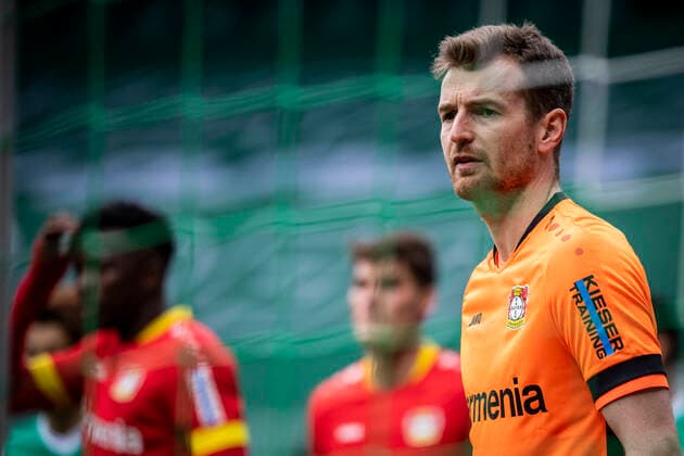 BREMEN, GERMANY - MAY 08: Lukas Hradecky of Bayer 04 Leverkusen in action during the first Bundesliga match between SV Werder Bremen and Bayer 04 Leverkusen at Wohninvest Stadium on May 08, 2021 in Bremen, Germany. DFL regulations prohibit any use of photographs as image sequences and or quasi-video.