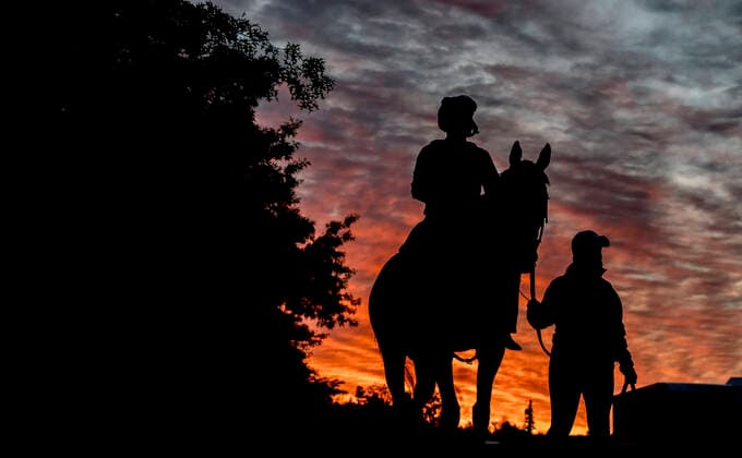 Bilder des Jahres 2021, Sport 05 Mai Sport Themen der Woche KW19 May 12, 2021, Baltimore, MD, USA: May 12, 2021: A horse returns from the track at sunrise as Preakness Stakes hopefuls train at Pimlico Race Course in Baltimore, Maryland. Eclipse Sportswire CSM Baltimore USA - ZUMAcs17 20210512_zaf_cs17_010 Copyright: xScottxSeriox