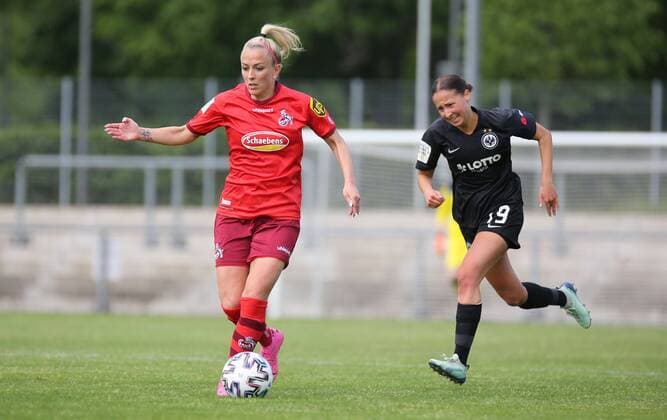 13.05.2021, xcex, GER, Frankfurt am Main, Stadion am Brentanobad, Frauenfussball, 2. Bundesliga Sued, Frauen-Bundesliga Saison 2020 2021, SGE, Eintracht Frankfurt Frauen II - 1. FC Koeln, Mandy Islacker (Koeln) vor Franka Weber (SGE) DFL regulations prohibit any use of photographs as image sequences and or quasi-video