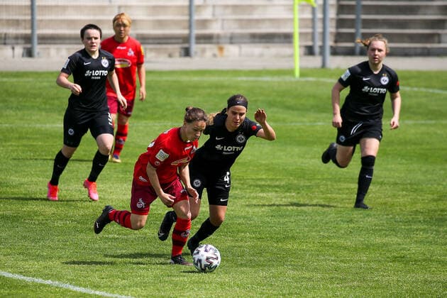 13.05.2021 2.BL 6. Spieltag Eintracht Frankfurt II 1.FC Köln v.l., Alicia Sophie Gudorf (1.FC Köln), Kara Bathmann (Eintracht Frankfurt II), Zweikampf, Action, Aktion, Battles for the Ball (DFL DFB REGULATIONS PROHIBIT ANY USE OF PHOTOGRAPHS as IMAGE SEQUENCES and or QUASI-VIDEO) Copyright: JoaquimxFerreira