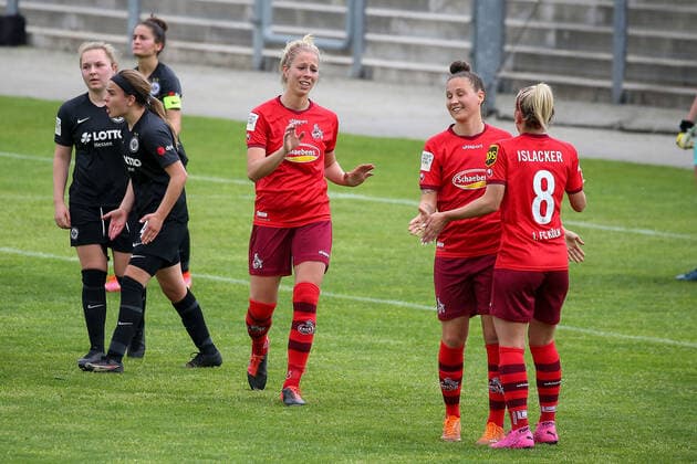 13.05.2021 2.BL 6. Spieltag Eintracht Frankfurt II 1.FC Köln v.l., Sharon Beck (1.FC Köln), Sabrina Horvat (1.FC Köln),Mandy Islacker (1.FC Köln) Torjubel, Goal celebration, celebrate the goal (DFL DFB REGULATIONS PROHIBIT ANY USE OF PHOTOGRAPHS as IMAGE SEQUENCES and or QUASI-VIDEO) Copyright: JoaquimxFerreira