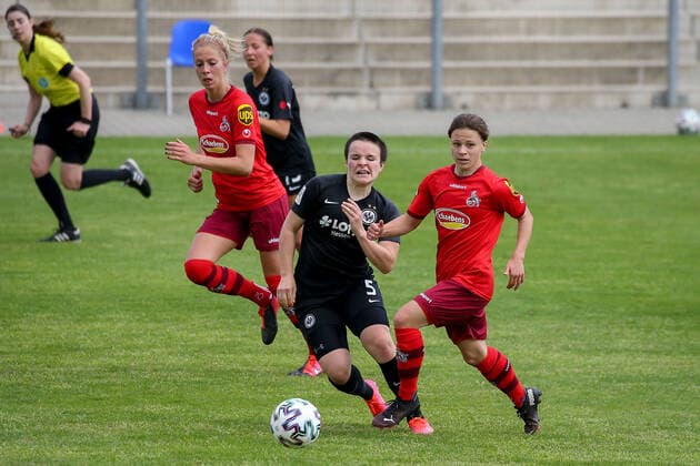 13.05.2021 2.BL 6. Spieltag Eintracht Frankfurt II 1.FC Köln v.l., Thome Schneider (Eintracht Frankfurt II),Alicia Sophie Gudorf (1.FC Köln), Zweikampf, Action, Aktion, Battles for the Ball (DFL DFB REGULATIONS PROHIBIT ANY USE OF PHOTOGRAPHS as IMAGE SEQUENCES and or QUASI-VIDEO) Copyright: JoaquimxFerreira