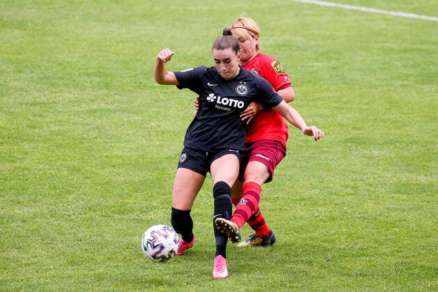 13.05.2021 2.BL 6. Spieltag Eintracht Frankfurt II 1.FC Köln v.l., Luisa Blumenthal (Eintracht Frankfurt II), Yuka Hirano (1.FC Köln), Zweikampf, Action, Aktion, Battles for the Ball (DFL DFB REGULATIONS PROHIBIT ANY USE OF PHOTOGRAPHS as IMAGE SEQUENCES and or QUASI-VIDEO) Copyright: JoaquimxFerreira