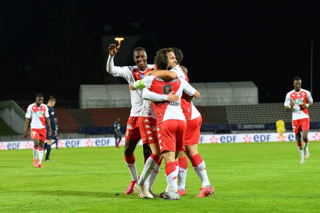 Fußball, Coupe de France, GFA Rumilly-Vallieres - AS Monaco Joie de Wissam Ben Yedder (monaco) et de ses coequipiers FOOTBALL : GFA Rumilly Vallieres vs AS Monaco - 1 2 de finale de Coupe de France - 13 05 2021 FredericChambert Panoramic 