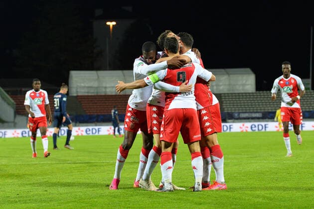 Fußball, Coupe de France, GFA Rumilly-Vallieres - AS Monaco Joie de Wissam Ben Yedder (monaco) et de ses coequipiers FOOTBALL : GFA Rumilly Vallieres vs AS Monaco - 1 2 de finale de Coupe de France - 13 05 2021 FredericChambert Panoramic 