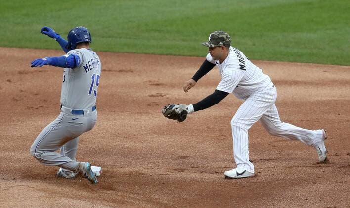May 15, 2021: White Sox second baseman Nick Madrigal, left, is late on a tag as Royals baserunner Whit Merrifield slides into second with a double in the first inning on May 15, 2021, at Guaranteed Rate Field in Chicago. - ZUMAm67_ 0118059847st Copyright: xChrisxSwedax