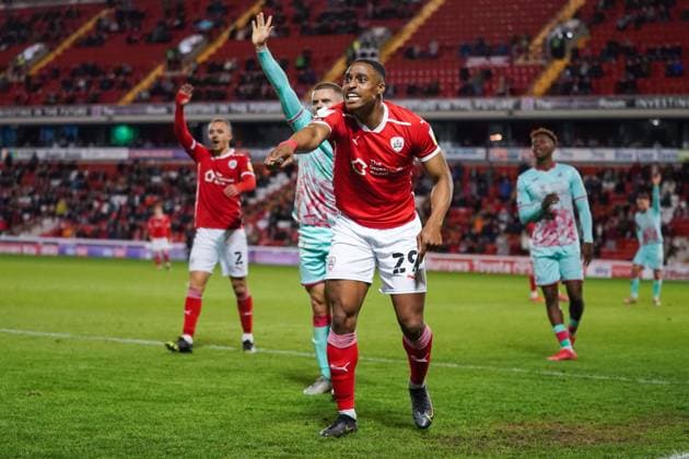 Barnsley v Swansea City EFL Sky Bet Championship 17 05 2021. Play-Off First Leg Barnsley forward Victor Adeboyejo (29) gestures and reacts during the EFL Sky Bet Championship 1st leg play off match between Barnsley and Swansea City at Oakwell, Barnsley, England on 17 May 2021. Barnsley Oakwell South Yorkshire England Editorial use only DataCo restrictions apply See www.football-dataco.com , Copyright: xMalcolmxBrycex PSI-12778-0044
