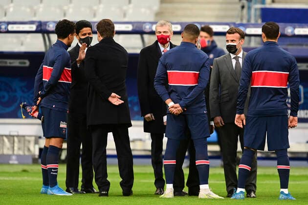 Emmanuel Macron - President de la Republique Francaise Nasser al Khelaifi - President Directeur General PSG Mauricio Pochettino - Entraineur (PSG) Marquinhos (PSG) Kylian Mbappe (PSG) Dmitry RYBOLOVLEV - president (Monaco) FOOTBALL : Finale de la Coupe de France - Monaco vs PSG - 19 05 2021 JBAutissier Panoramic 