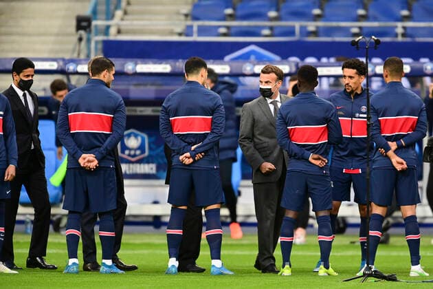 Emmanuel Macron - President de la Republique Francaise Nasser al Khelaifi - President Directeur General PSG Mauricio Pochettino - Entraineur (PSG) Marquinhos (PSG) Kylian Mbappe (PSG) Dmitry RYBOLOVLEV - president (Monaco) Noel Le Graet - president FFF FOOTBALL : Finale de la Coupe de France - Monaco vs PSG - 19 05 2021 JBAutissier Panoramic 