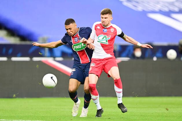 Kylian Mbappe (PSG) vs Caio Henrique (Monaco) FOOTBALL : Finale de la Coupe de France - Monaco vs PSG - 19 05 2021 JBAutissier Panoramic 