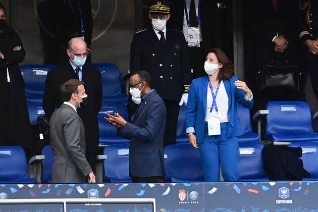 Emmanuel Macron - President de la Republique Francaise Roxana Maracineanu - ministre aupres du ministre de l Education nationale , chargee des Sports Jean Michel Blanquer - ministre de l Education nationale - de la jeunesse et des sports FOOTBALL : Finale de la Coupe de France - Monaco vs PSG - 19 05 2021 JBAutissier Panoramic 