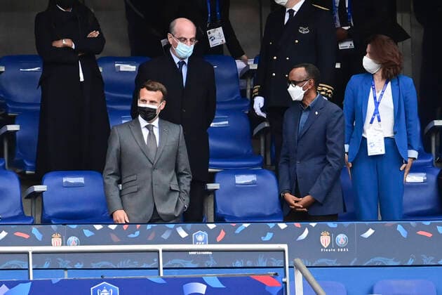 Emmanuel Macron - President de la Republique Francaise Jean Michel Blanquer - ministre de l Education nationale - de la jeunesse et des sports Roxana Maracineanu - ministre aupres du ministre de l Education nationale , chargee des Sports FOOTBALL : Finale de la Coupe de France - Monaco vs PSG - 19 05 2021 JBAutissier Panoramic 