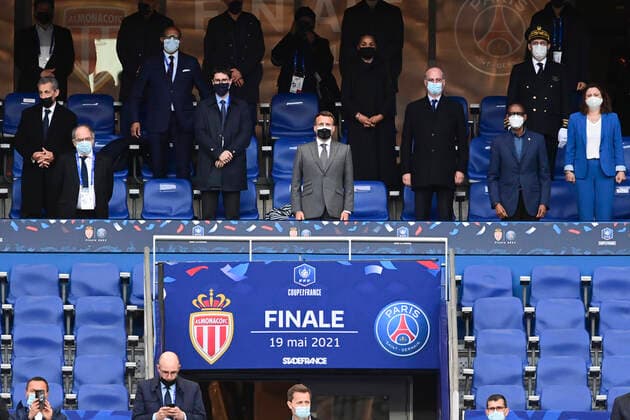 Emmanuel Macron - President de la Republique Francaise Noel Le Graet - President FFF Nicolas Sarkozy Roxana Maracineanu - ministre aupres du ministre de l Education nationale , chargee des Sports Jean Michel Blanquer - ministre de l Education nationale - de la jeunesse et des sports FOOTBALL : Finale de la Coupe de France - Monaco vs PSG - 19 05 2021 JBAutissier Panoramic 