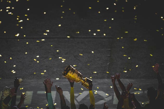 Berlin, Olympiastadion 13.05.21: Team Dortmund with Marco Reus (BVB), Erling Haaland (BVB), Jude Bellingham (BVB) celebrate the victory 4:1 after the final cup match between RB Leipzig vs. Borussia Dortmund.