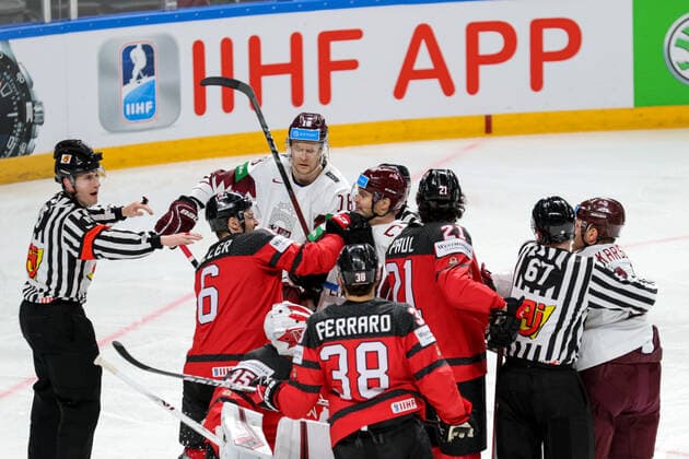 C. Miller (Canada) fighting during World Championship, WM, Weltmeisterschaft 2021 - Canada vs Latvia, Ice hockey, Eishockey in Riga, Latvia, May 21 2021  Copyright: xLiveMedia AndreaxRex xIPAx xLiveMediax 0