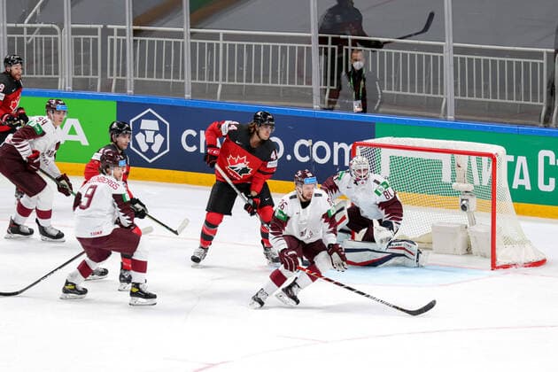 U. Balinskis (Latvia) defending the goal during World Championship, WM, Weltmeisterschaft 2021 - Canada vs Latvia, Ice hockey, Eishockey in Riga, Latvia, May 21 2021  Copyright: xLiveMedia AndreaxRex xIPAx xLiveMediax 0