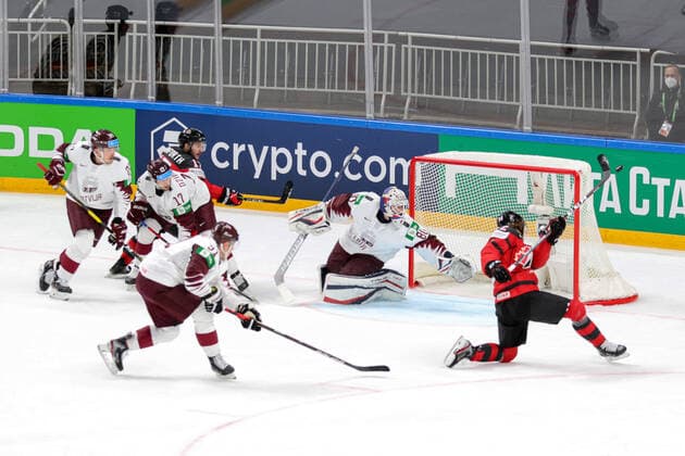 May 21, 2021, Riga, Latvia: Riga, Latvia, Arena Riga, May 21, 2021, Shot on goal by B. Hagel (Canada) during World Championship, WM, Weltmeisterschaft 2021 - Canada vs Latvia - Ice hockey, Eishockey Ice Hockey - World Championship 2021 - Canada vs Latvia, riga, Latvia - ZUMAl164 20210521_zsa_l164_044 Copyright: xAndreaxRex