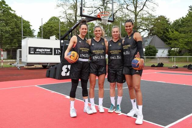 3x3 Damen Basketball Nationalmannschaft Medientraining, 21.05.2021 Stefanie Grigoleit, Theresa Simon, Svenja Brunckhorst, Satou Sabally, v.l. - 3x3 Damen Basketball Nationalmannschaft Medientraining 21.05.2021 in Düsseldorf. Copyright: xBEAUTIFULxSPORTS KennyxBeelex