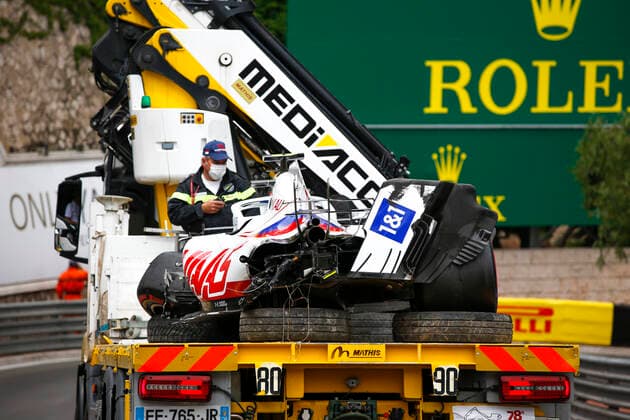 Car of 47 Mick Schumacher (GER, Haas F1 Team) after crash, F1 Grand Prix of Monaco at Circuit de Monaco on May 22, 2021 in Monte-Carlo, Monaco. (Photo by HOCH ZWEI) Monte-Carlo Monaco