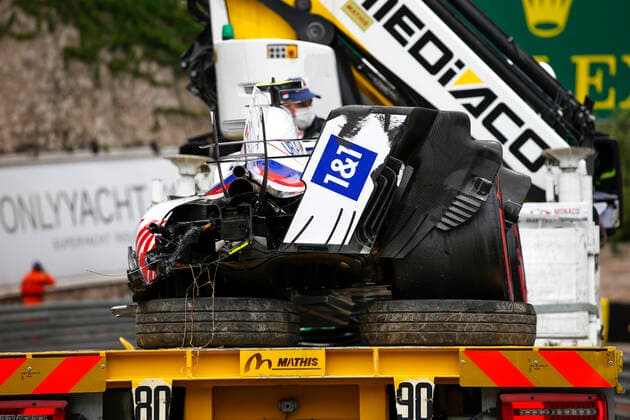 Car of 47 Mick Schumacher (GER, Haas F1 Team) after crash, F1 Grand Prix of Monaco at Circuit de Monaco on May 22, 2021 in Monte-Carlo, Monaco. (Photo by HOCH ZWEI) Monte-Carlo Monaco
