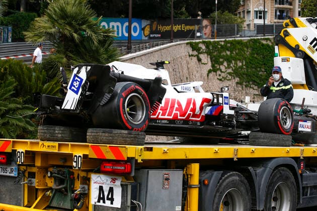 Car of 47 Mick Schumacher (GER, Haas F1 Team) after crash, F1 Grand Prix of Monaco at Circuit de Monaco on May 22, 2021 in Monte-Carlo, Monaco. (Photo by HOCH ZWEI) Monte-Carlo Monaco