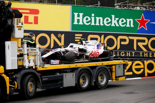 Car of 47 Mick Schumacher (GER, Haas F1 Team) after crash, F1 Grand Prix of Monaco at Circuit de Monaco on May 22, 2021 in Monte-Carlo, Monaco. (Photo by HOCH ZWEI) Monte-Carlo Monaco