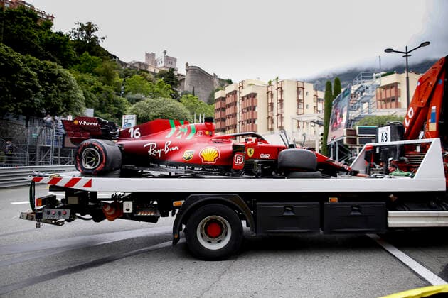 Damaged car of 16 Charles Leclerc (MON, Scuderia Ferrari Mission Winnow), F1 Grand Prix of Monaco at Circuit de Monaco on May 22, 2021 in Monte-Carlo, Monaco. (Photo by HOCH ZWEI) Monte-Carlo Monaco
