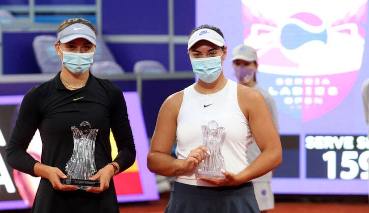 22.05.2021 Belgrade(Serbia) WTA, Tennis Damen Serbia Ladies Open Final women s tennis Paula Badosa(L) Spain winner with trophy,Ana Konjuh(R) Croatia second place :