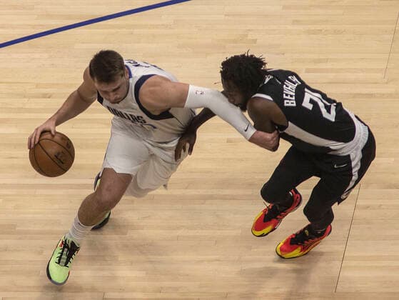 May 22, 2021, Los Angeles, California, USA: Maxi Kleber 42 of the Dallas Mavericks tries to get by Patrick Beverley 21 of the Los Angeles Clippers during Game One of the Western Conference First Round game on Saturday May 22, 2021 at the Staples Center in Los Angeles, California. PI Los Angeles USA - ZUMAp124 20210522_zaa_p124_009 Copyright: xJAVIERxROJASx